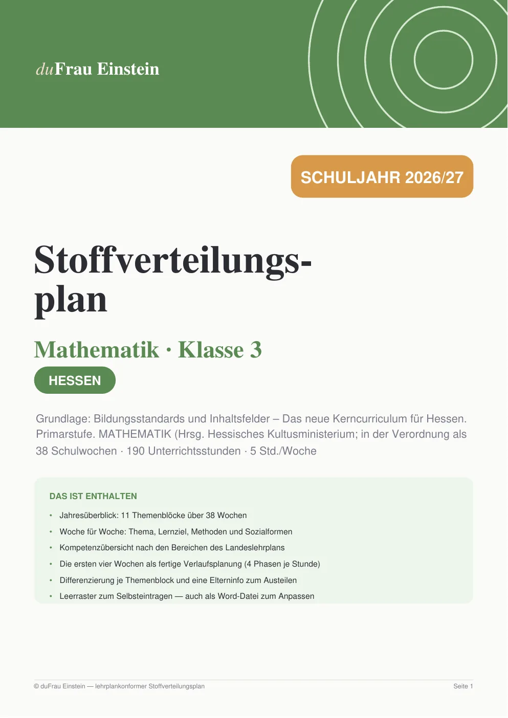 Stoffverteilungsplan Mathematik Klasse 3, Hessen – Deckblatt